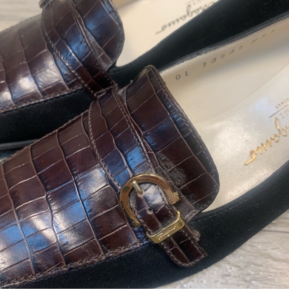 Ferragamo Boutique Italy Suede Croc Horse Bit Buckle Square Toe Loafers - Picture 13 of 13